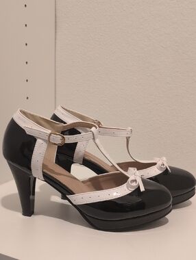 Classic Two-Tone T-Strap Heels in Black and White